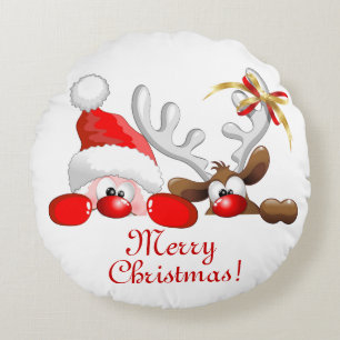 Funny Santa and Reindeer Cartoon Round Cushion