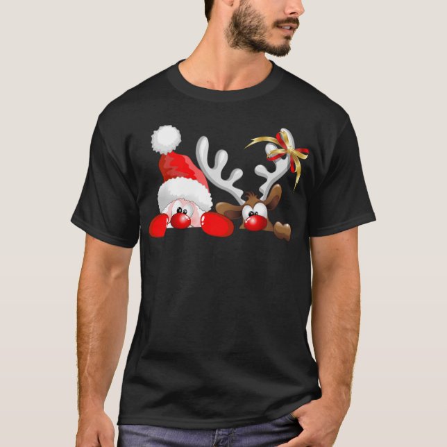 Funny Santa and Reindeer Cartoon     T-Shirt (Front)