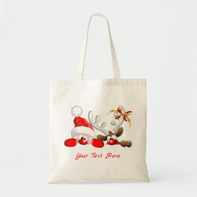 Funny Santa and Reindeer Cartoon Tote Bag (Front)