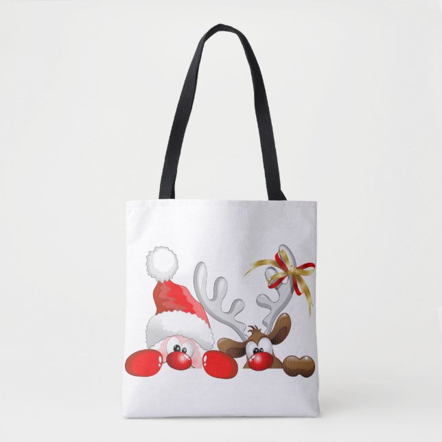 Funny Santa and Reindeer Cartoon          Tote Bag (Front)