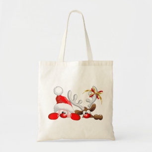 Funny Santa and Reindeer Cartoon Tote Bag