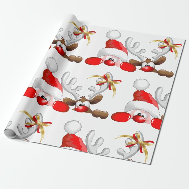 Funny Santa and Reindeer Cartoon Wrapping Paper (Unrolled)