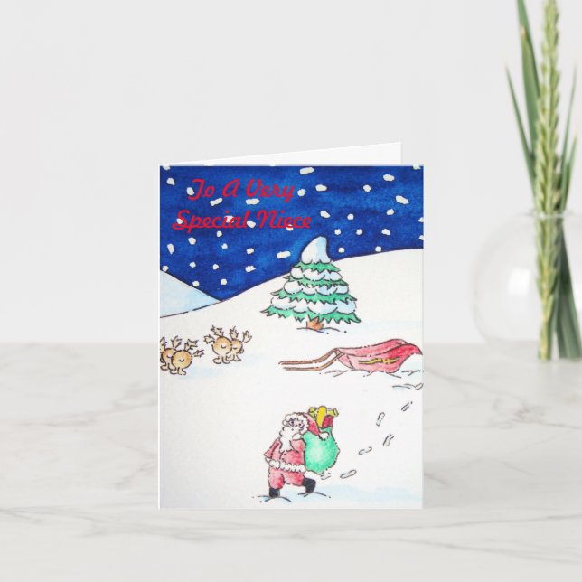 funny santa and reindeer snow scene at christmas holiday card (Front)