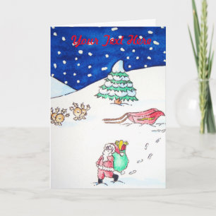 funny santa and reindeer with gifts for christmas holiday card