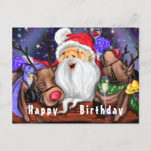 Funny Santa and Reindeers Birthday Party - Cheers Postcard