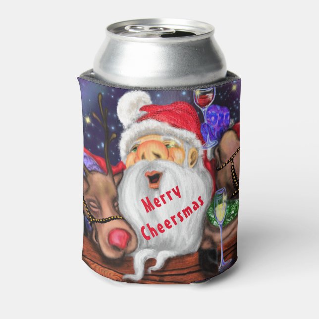 Funny Santa and Reindeers Christmas Can Cooler (Can Back)