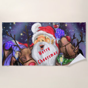 Funny Santa and Reindeers Christmas Party - Cheers Beach Towel