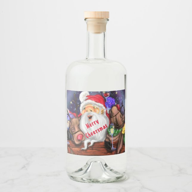 Funny Santa and Reindeers Christmas Party  Cheers Liquor Bottle Label (Front)