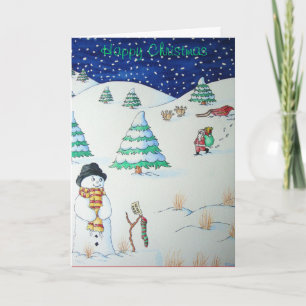 funny santa and snowman snow scene for christmas holiday card
