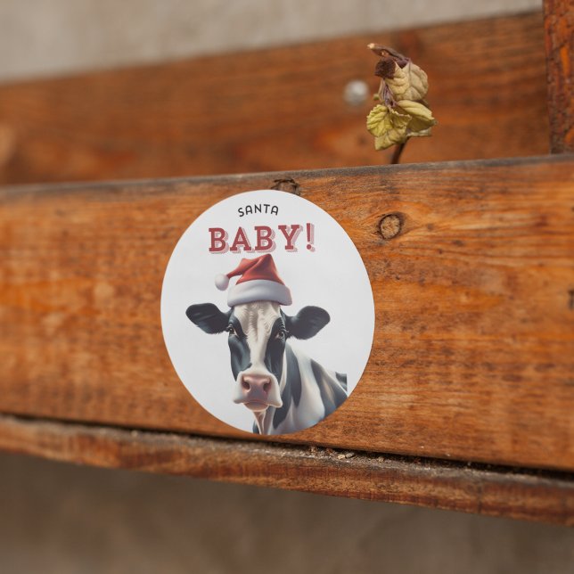 Funny Santa Baby Christmas Holstein Cow Classic Round Sticker (Cute Holstein cow Santa Baby Christmas cow sticker)