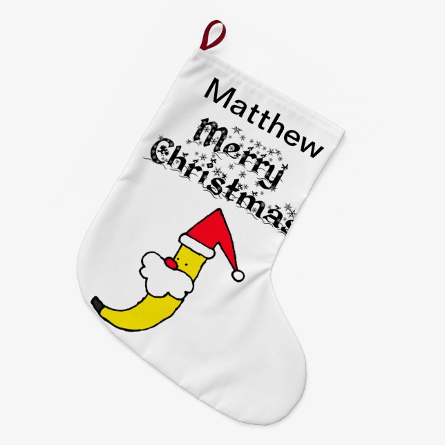 Funny Santa Banana Merry Christmas Large Christmas Stocking (Front (Hanging))