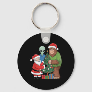 Funny Santa Bigfoot Alien Decorating Christmas Tre Key Ring