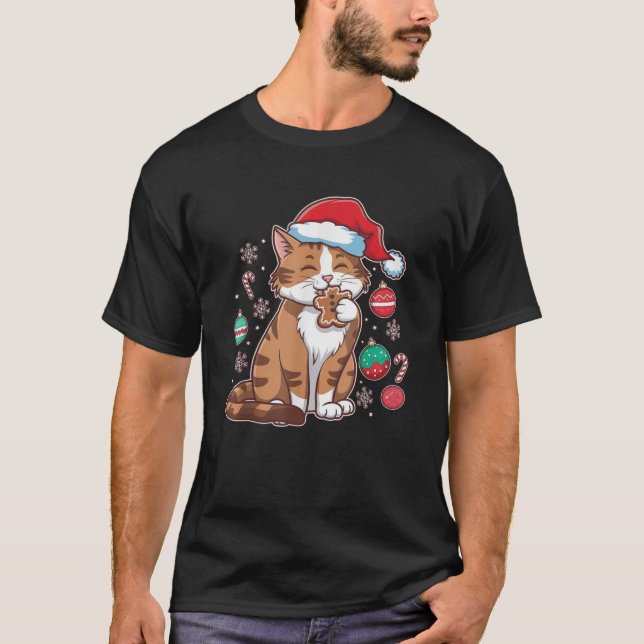 Funny Santa Cat Christmas Lights Gingerbread Kids  T-Shirt (Front)