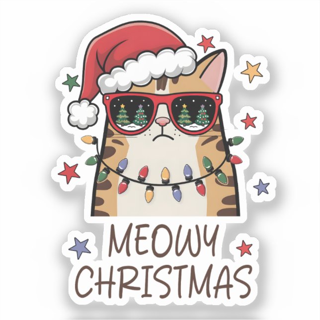Funny Santa Cat “Meowy Christmas” Vinyl Sticker  (Front)