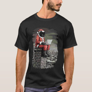 Funny Santa Cat on Chimney with Laptop Cute Christ T-Shirt