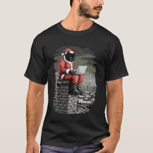 Funny Santa Cat on Chimney with Laptop Cute Christ T-Shirt