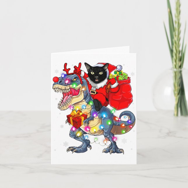 Funny Santa Cat Riding Dinosaur Christmas Lights  Card (Front)