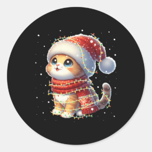 Funny Santa Cat Tangled Up In Christmas Lights Hol Classic Round Sticker