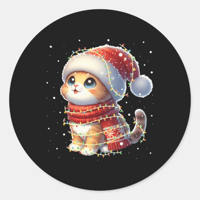 Funny Santa Cat Tangled Up In Christmas Lights Hol Classic Round Sticker (Front)