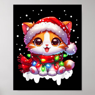 Funny Santa Cat Tangled Up In Christmas Lights Hol Poster