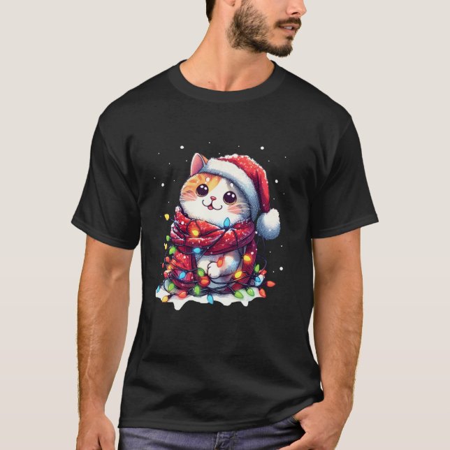 Funny Santa Cat Tangled Up In Christmas Lights Hol T-Shirt (Front)