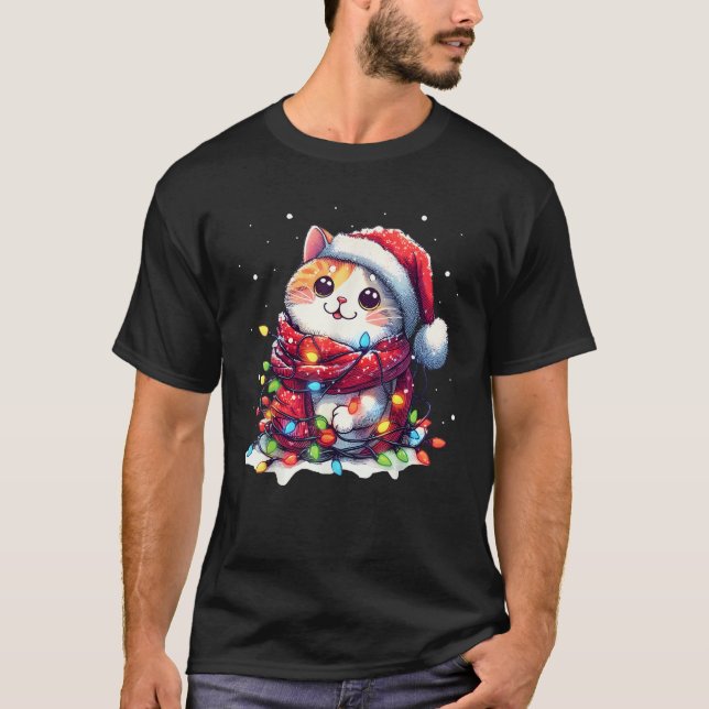 Funny Santa Cat Tangled Up In Christmas Lights Hol T-Shirt (Front)