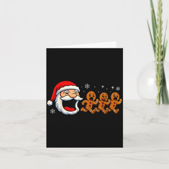 Funny Santa Chasing Gingerbread Christmas Cookie  Card (Front)