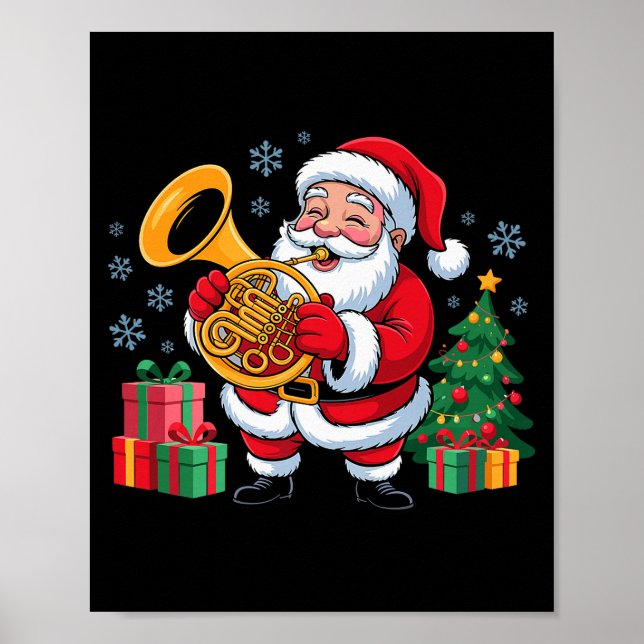 Funny Santa Christmas Design French Horn Holiday X Poster (Front)