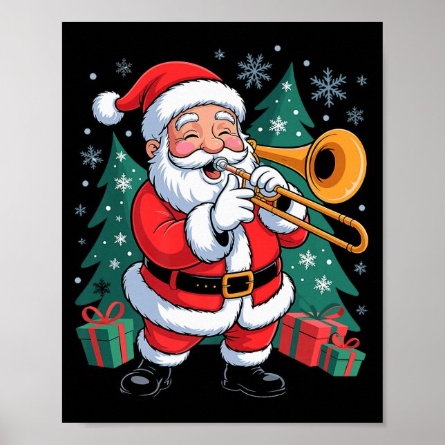 Funny Santa Christmas Design Trombone Holiday Xmas Poster (Front)
