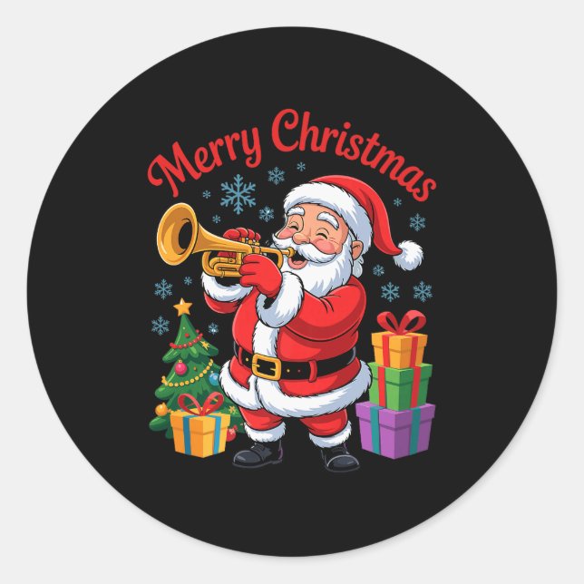 Funny Santa Christmas Design Trumpet Holiday Xmas  Classic Round Sticker (Front)