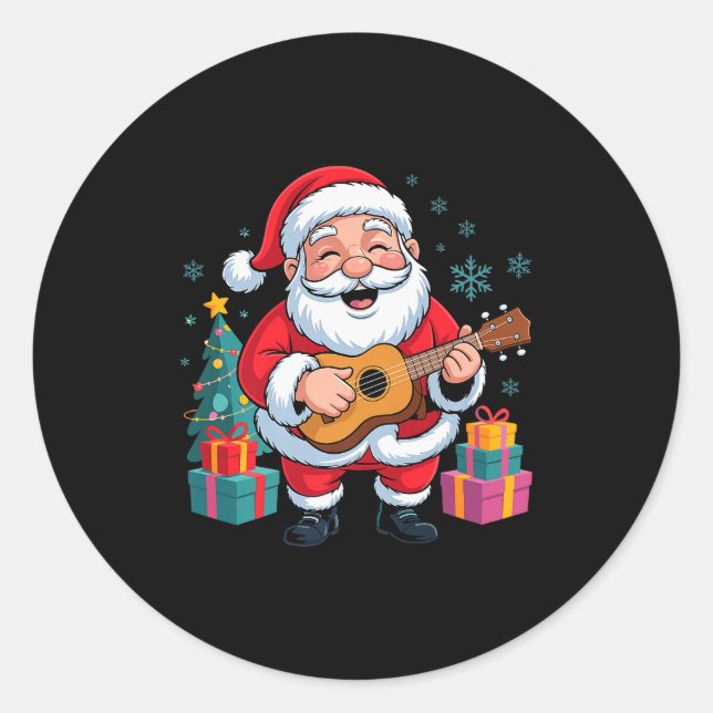 Funny Santa Christmas Design Ukulele Holiday Xmas  Classic Round Sticker (Front)