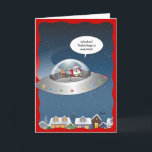 Funny Santa Claus Alien Christmas Holiday Card<br><div class="desc">Funny Santa Claus Christmas cards that can be personalised with your own custom quote bubble text! This unique comic design by Raphaela Wilson depicts Santa and Rudolph the red nose reindeer soaring high over a neighbourhood in a silver ufo flying saucer. Santa's quote bubble reads: "Woohoo! Technology is awesome!", but...</div>