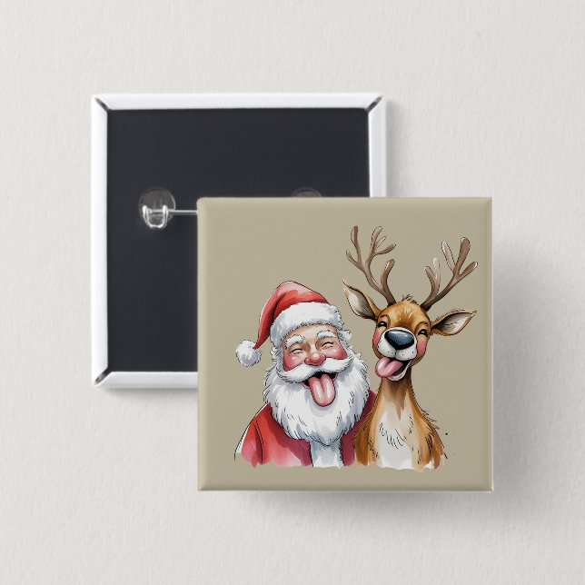 Funny Santa Claus and Reindeer Christmas Winter 15 Cm Square Badge (Front & Back)