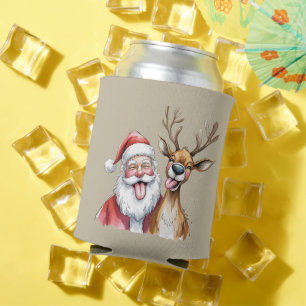 Funny Santa Claus and Reindeer Christmas Winter Can Cooler