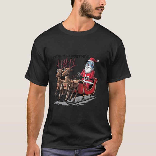 Funny Santa Claus and Reindeer Sleigh Robot Christ T-Shirt (Front)