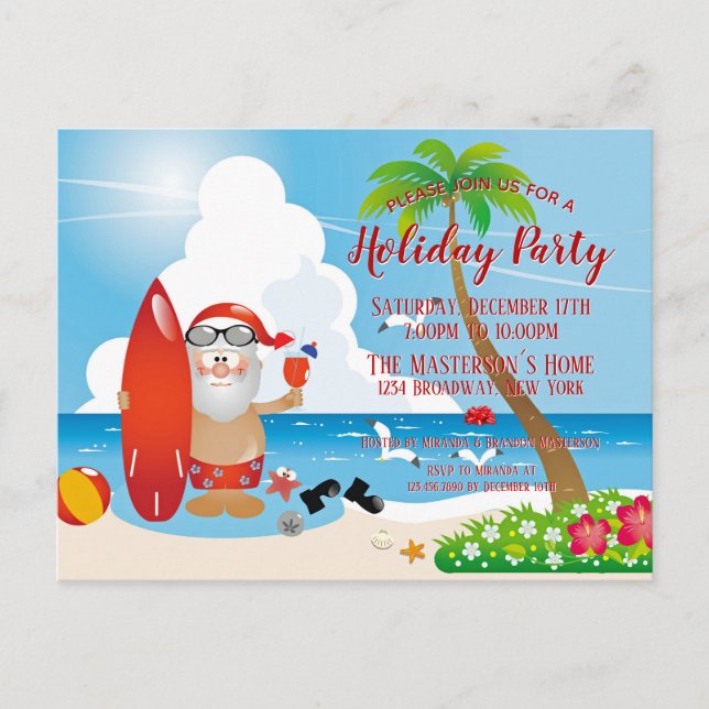 Funny Santa Claus Beach Holiday Party Invitation Postcard (Front)