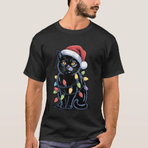 Funny Santa Claus Black Cat Christmas Lights Women T-Shirt