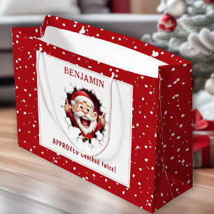 Funny Santa Claus breaking through Name Christmas Large Gift Bag