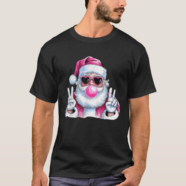 Funny Santa Claus Bubble Gum Peace Sign Hand Chris T-Shirt (Front)