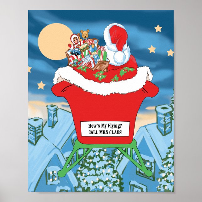 Funny Santa Claus Christmas Humour How's My Flying Poster (Front)