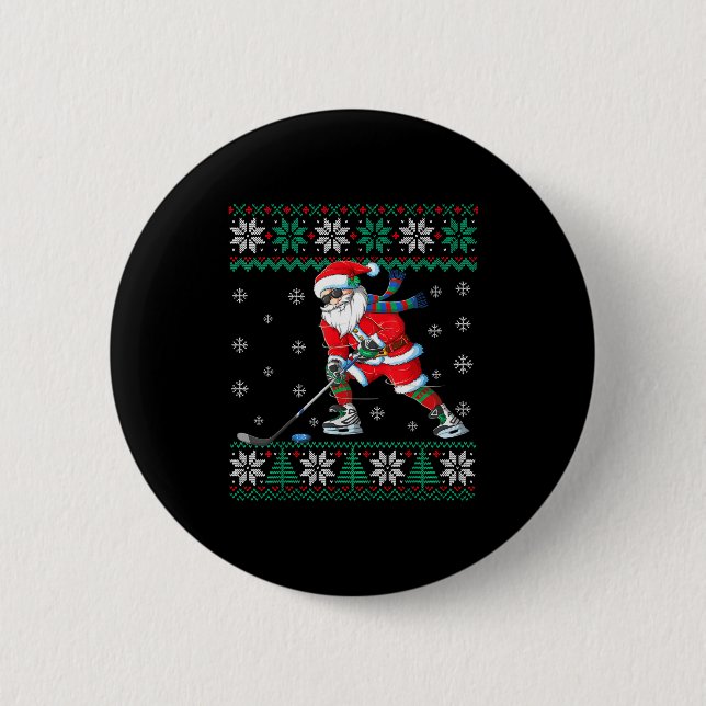 Funny Santa Claus Christmas Ice Hockey Ugly Sweate 6 Cm Round Badge (Front)