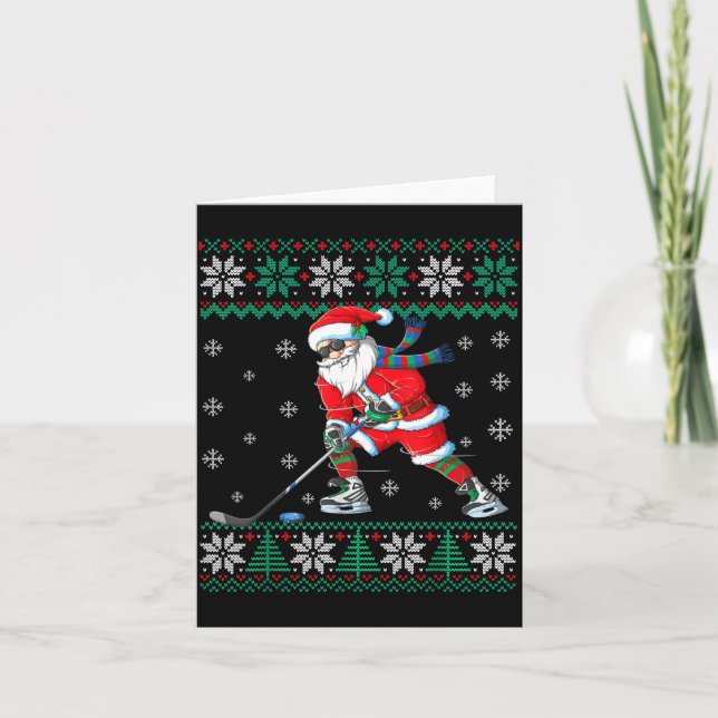 Funny Santa Claus Christmas Ice Hockey Ugly Sweate Card (Front)