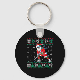 Funny Santa Claus Christmas Ice Hockey Ugly Sweate Key Ring