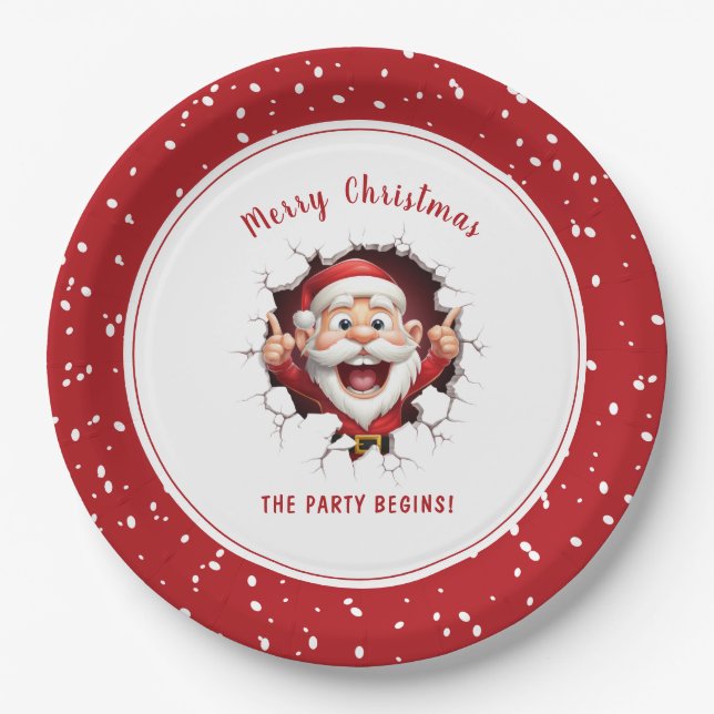 Funny Santa Claus Christmas Party Red White Paper Plate (Front)