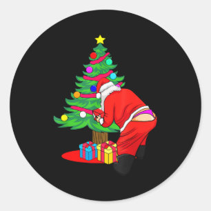 Funny Santa Claus Christmas Tree Underwear Thong G Classic Round Sticker