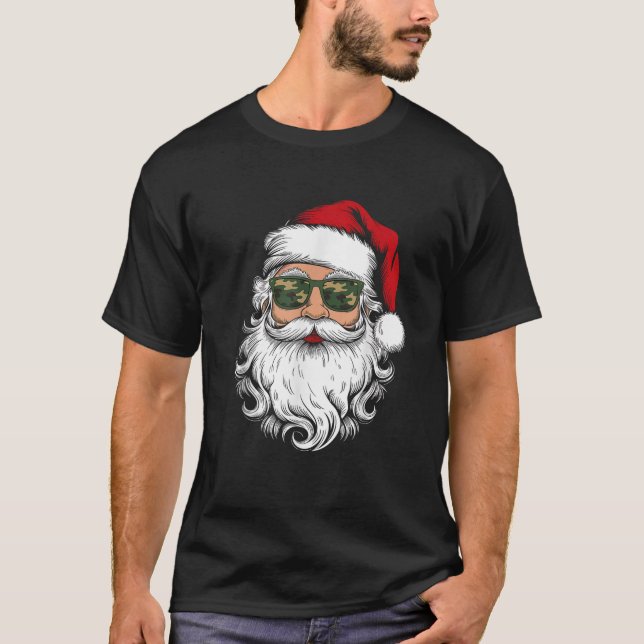 Funny Santa Claus Face Sunglasses Camo Camouflage  T-Shirt (Front)