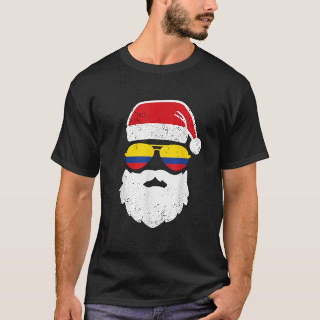 Funny Santa Claus Face Sunglasses Colombia Flag Co T-Shirt (Front)