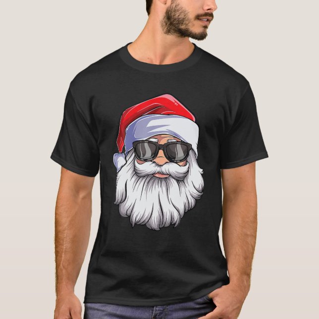 Funny Santa Claus Face Sunglasses With Hat Beard T-Shirt (Front)