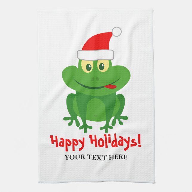 Funny Santa Claus frog cartoon custom Christmas Tea Towel (Vertical)