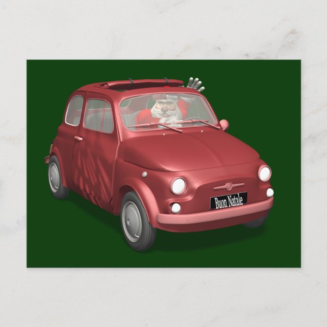 Funny Santa Claus In Red Fiat 500 Holiday Postcard (Front)